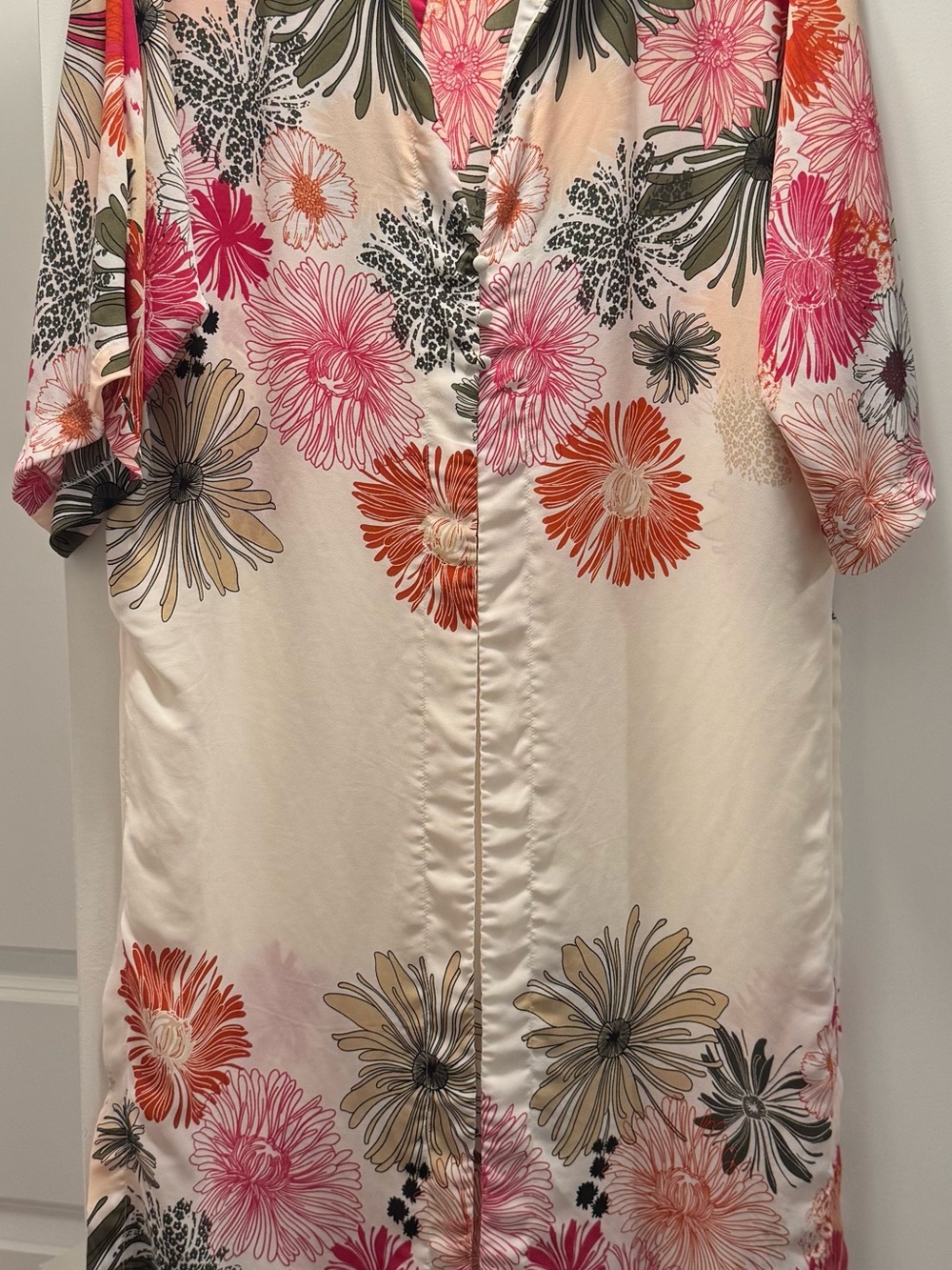 Floral Button-Front Women’s Kimono Duster — Cream with Pink & Orange Flowers